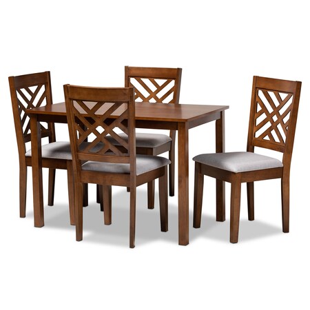 Baxton Studio Caron Grey Upholstered Walnut Brown Finished Wood 5-Piece Dining Set 161-9881-8959